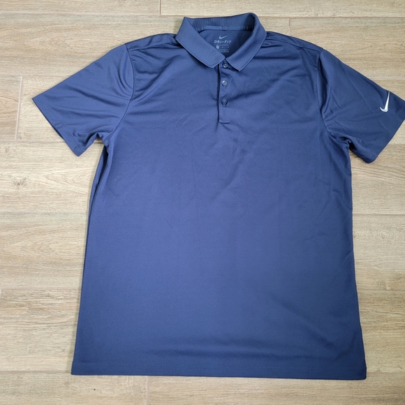 Nike Dri Fit Navy Blue Short Sleeve Polyester Golf Polo Mens Large - Picture 1 of 16